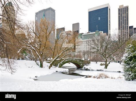 Winter Snow In Central Park New York City With The Plaza Hotel And