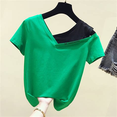 T Shirt Short Sleeves 2019 New Korean Skinny Pure Cotton Leaky Shoulder T Shirts Girls Ladies