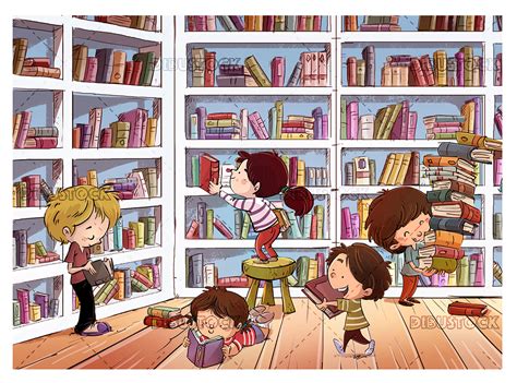 Niños Recogiendo Libros En La Biblioteca Dibustock Ilustraciones