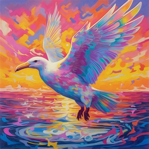 Premium Ai Image Painting Of A White Bird Flying Over A Body Of Water