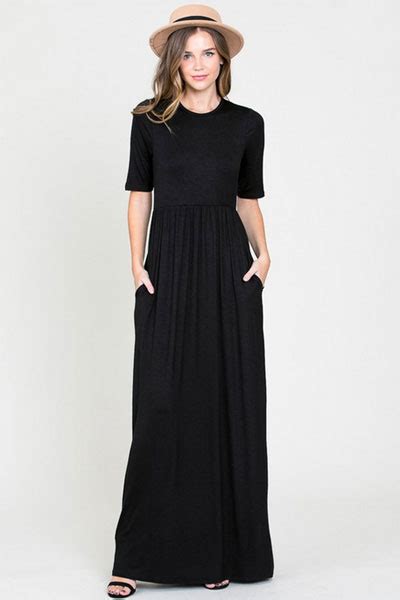 Solid Jersey Elbow Length Sleeve Long Maxi Dress With Pockets Black