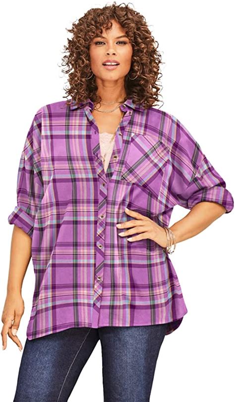 Roamans Womens Plus Size Flannel Tunic Plaid Shirt At Amazon Womens