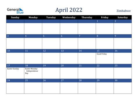April 2022 Calendar Zimbabwe