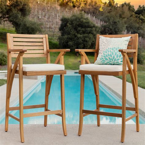 Set Of 2 Outdoor Acacia Wood Bar Stools Chairs W Weather Resistant Cu