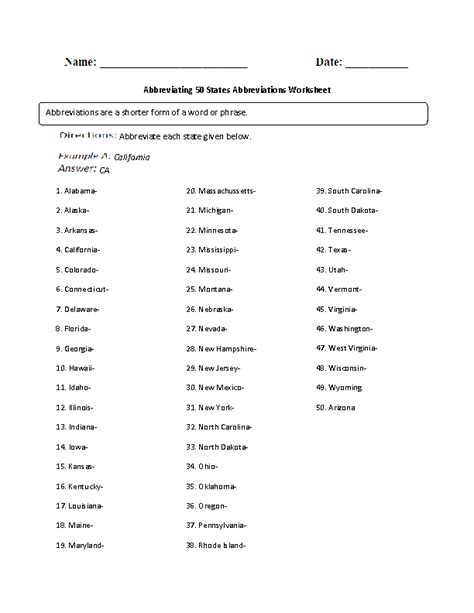 Abbreviations Worksheets Abbreviating 50 States Worksheet