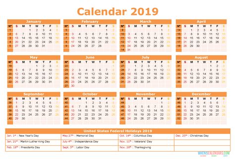 Printable 2019 Calendar With Holidays Us Edition