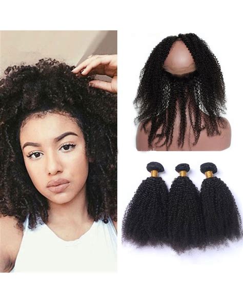 Indian Virgin Hair Afro Kinky Curl 360 Lace Frontal With 3 Bundles Kfb09