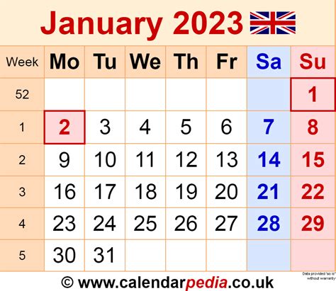 Calendar January 2023 Uk With Excel Word And Pdf Templates