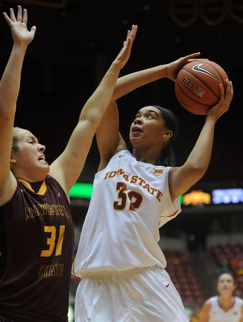 Iowa States Meredith Burkhall Shoots Over Midwestern States Liz Cathcart During The Cyclones