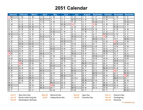 2051 Calendar Horizontal One Page