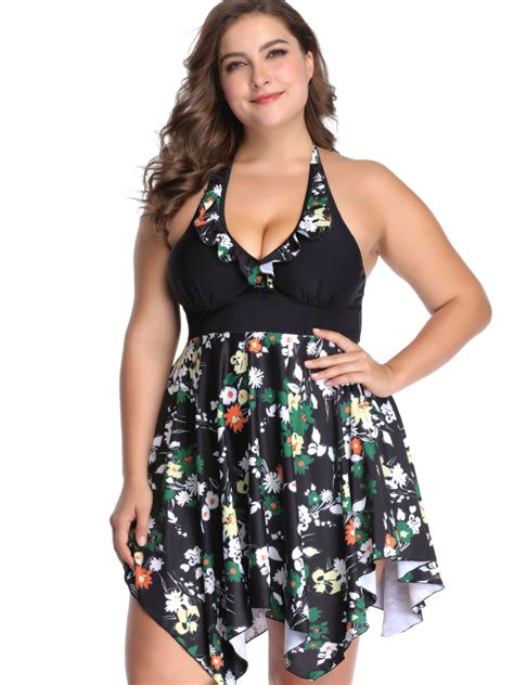 Womens Plus Size Swimsuit Floral Printed Swimwear Tummy Control