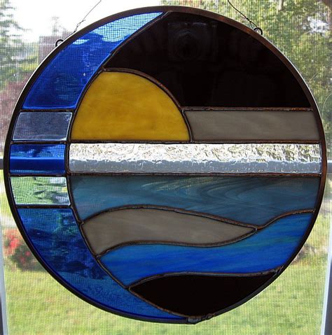 Moon And Sun Over Water Round Stained Glass Panel Suncatcher Etsy