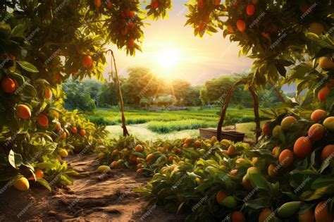 Premium Photo Mango Farm Gardeningtree Cultivation With Tropical Fruits Sunset Generative Ai