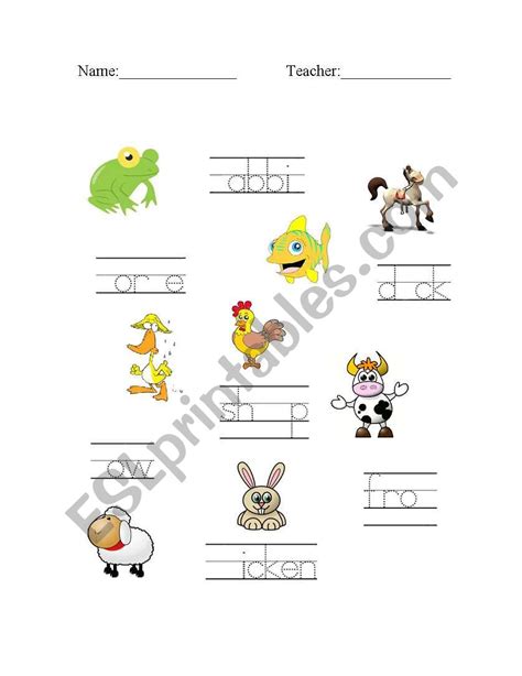 Farm Animals Trace Fill In Missing Letters And Match Esl