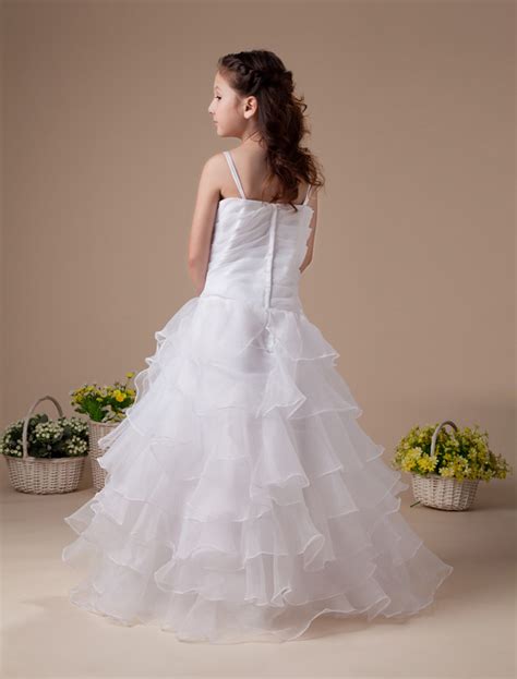White Satin Flower Girl Dress Straps Tiered Tulle Dress