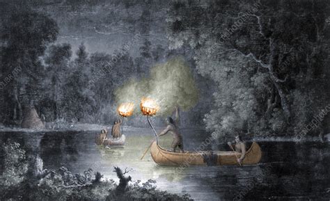 Native American Indians Fishing By Torchlight Fox River Stock Image F Science