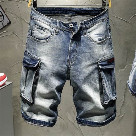 Idopy Summer Mens Retro Cargo Denim Shorts Vintage Acid Washed Faded Multi Pockets Military