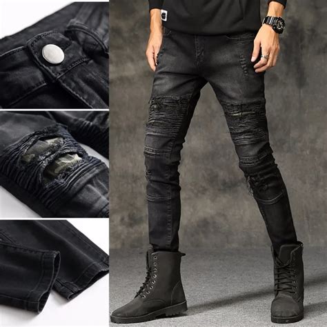 High Quality New Mens Ripped Jeans Cotton Black Slim Skinny Motorcycle