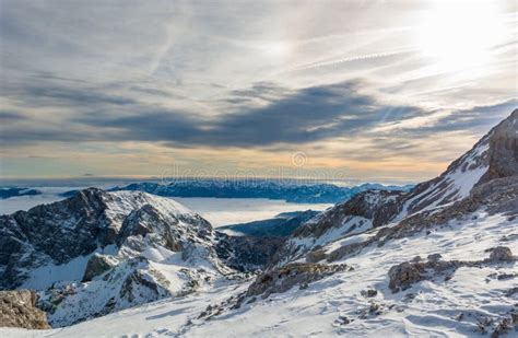 Spectacular Winter Mountain Panorama With Peaks Covered With Early Snow