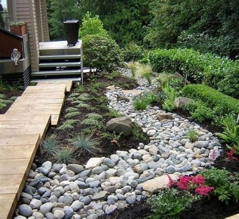 A Garden With Rocks And Plants In The Foreground Next To A Wooden Deck