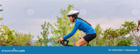 Woman Biking Outside Riding Bicycle On Summer Outdoor Background Panoramic Header Stock Image