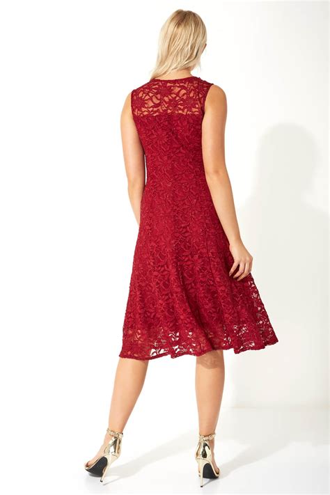 Glitter Lace Fit And Flare Dress In Red Roman Originals Uk