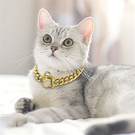 Gold Chain Cat Dog Collar Heavy Duty Necklace Silver Rhinestone Buckle