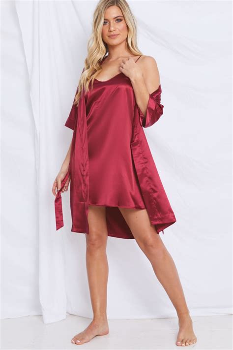 Red Satin Nightie And Robe Set In The Style Ireland
