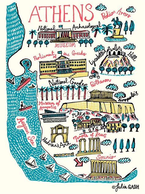 Athens Art Print By Julia Gash At King McGaw Athens Tourist Map Athens Map Illustrated Map