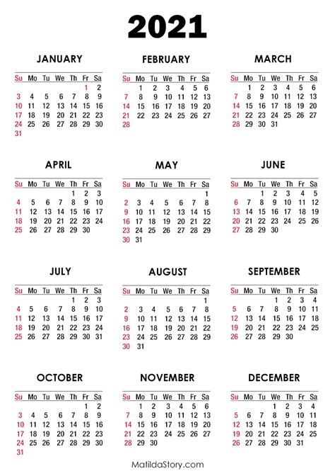 Create your own monthly calendar with holidays and events. 2021 Calendar Printable Free, White - Sunday Start - MatildaStory.com