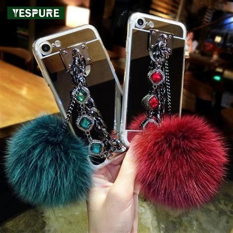Yespure Inch Mirror Handphone Accessory For Iphone Plus Case Steal Rope Red Fox Fur Back