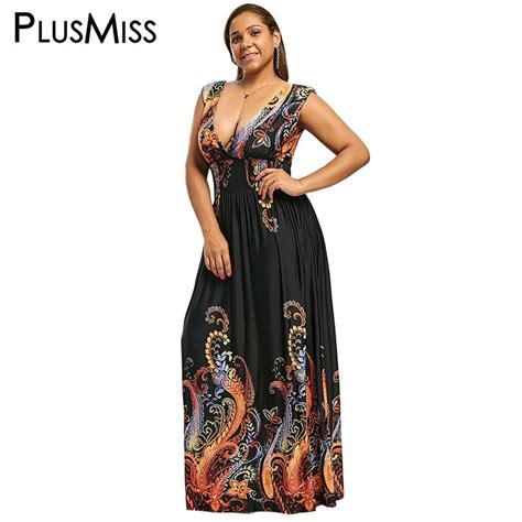 Plusmiss Plus Size 7xl 6xl 5xl Ethnic Boho Paisley Print Tank Dress Sexy Deep V Neck Sleeveless