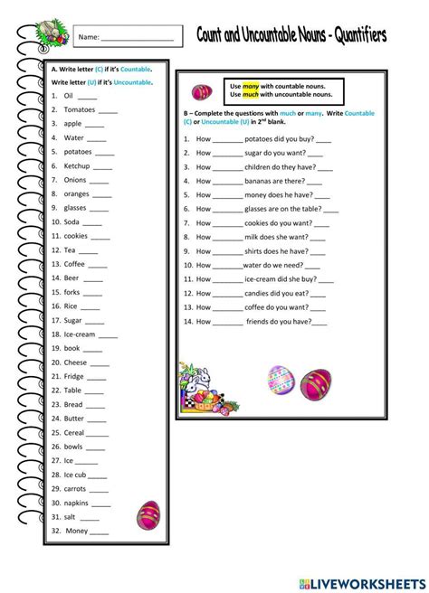 Countable And Uncountable Nouns Quantifiers Worksheet Live Worksheets