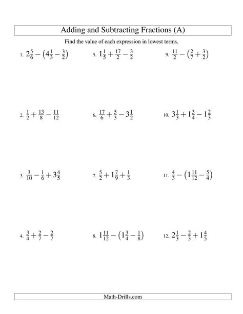 adding and subtracting fractions with unlike denominators worksheets