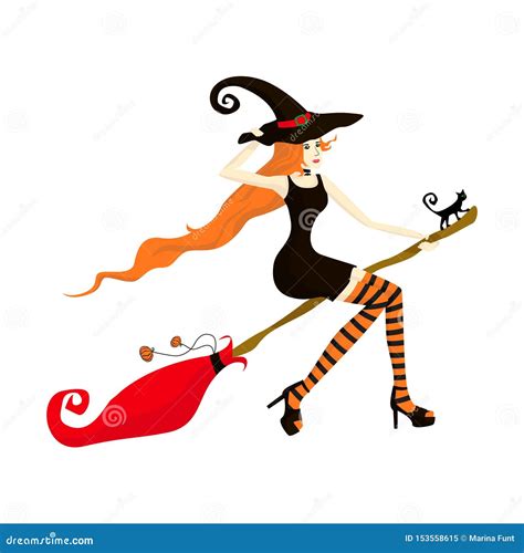 Young Beautiful Red Haired Witch Flies On A Broom At A Party Or A Sale