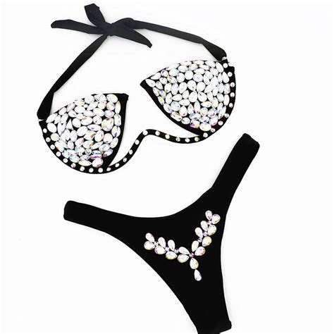 halter sexy diamond crystal bikini set bandeau swimwear women push up swim suit brazilian thong