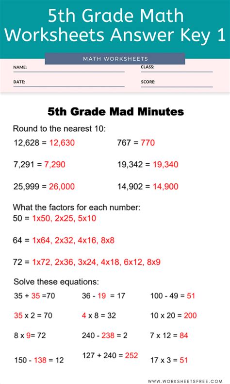 5th Grade Math Worksheets With Answer Key
