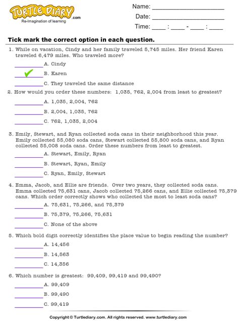 Comparing and Ordering Whole Numbers Worksheet - Turtle Diary