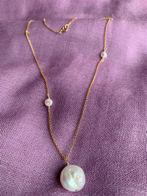 Three White Freshwater Pearl Necklace With Large Edison Pendant On 14k