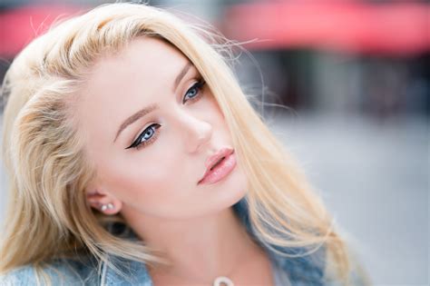 Wallpaper Women Blonde Pink Lipstick Face Portrait Blue Eyes Eyeliner Jeans Jacket