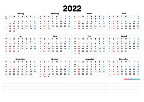 Printable 2022 Yearly Calendar With Week Numbers 6 Templates Calendar