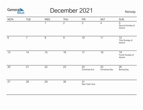 Printable December 2021 Monthly Calendar With Holidays For Norway