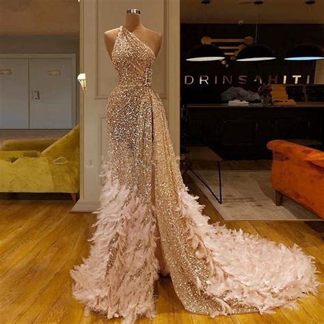 One Shoulder Feather Evening Dresses Mermaid Champagne Luxury