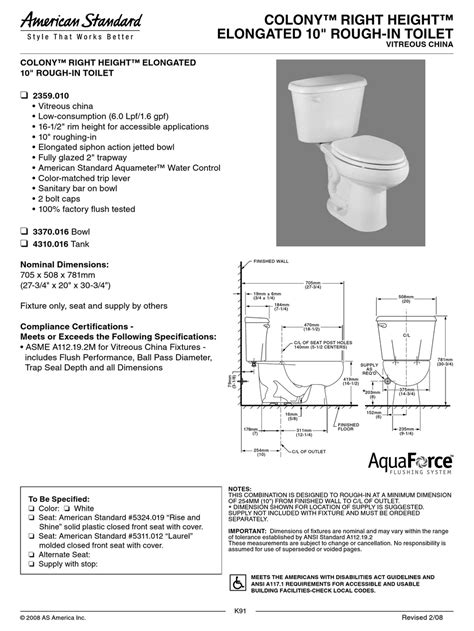 American Standard Colony Right Height Elongated 10 Rough In Toilet