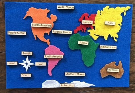 Continents Felt Map With Wooden Labels Etsy Continents And Oceans