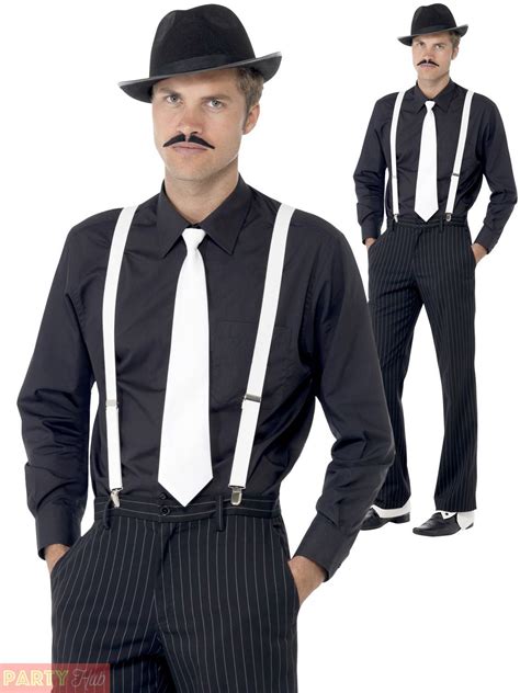 Adults 1920s Gangster Costume Kit Mens Ladies Hat Tie Braces Tash