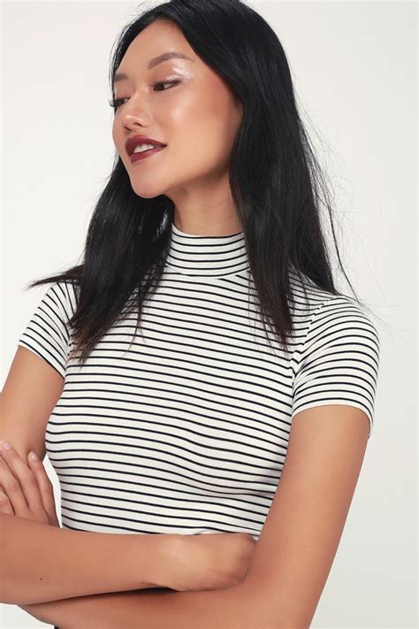 Chic Striped Mock Neck Top White Striped Top Mock Neck Tee Lulus