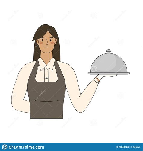 Cartoon Waitress Hold Dish Closed With Cloche Stock Vector Illustration Of Female Waitress
