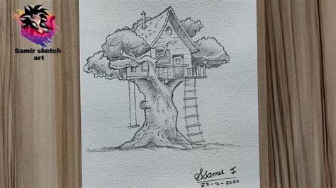 How To Draw A Tree House Treehouse Drawing Drawing Tutorial