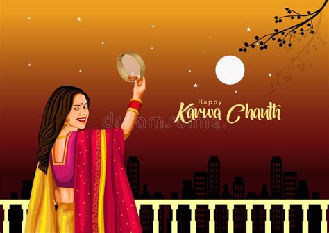 Illustration Of Indian Hindu Festival Happy Karva Chauth Background With Couple Doing Karwa